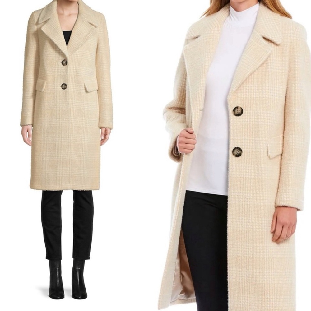 Calvin Klein - Women’s Single Breasted Ivory Plaid Peacoat - Size 0